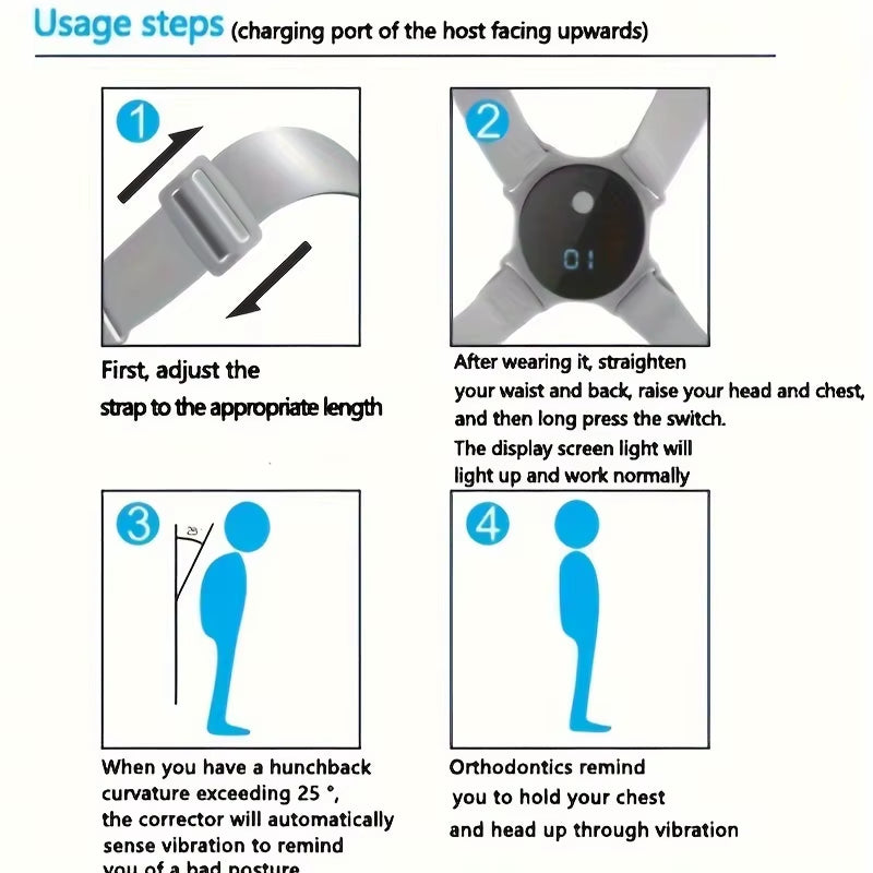 USB Rechargeable Posture Corrector Smart Back Shoulder Trainer with Vibration Alerts, Adjustable Straps Lightweight Comfortable